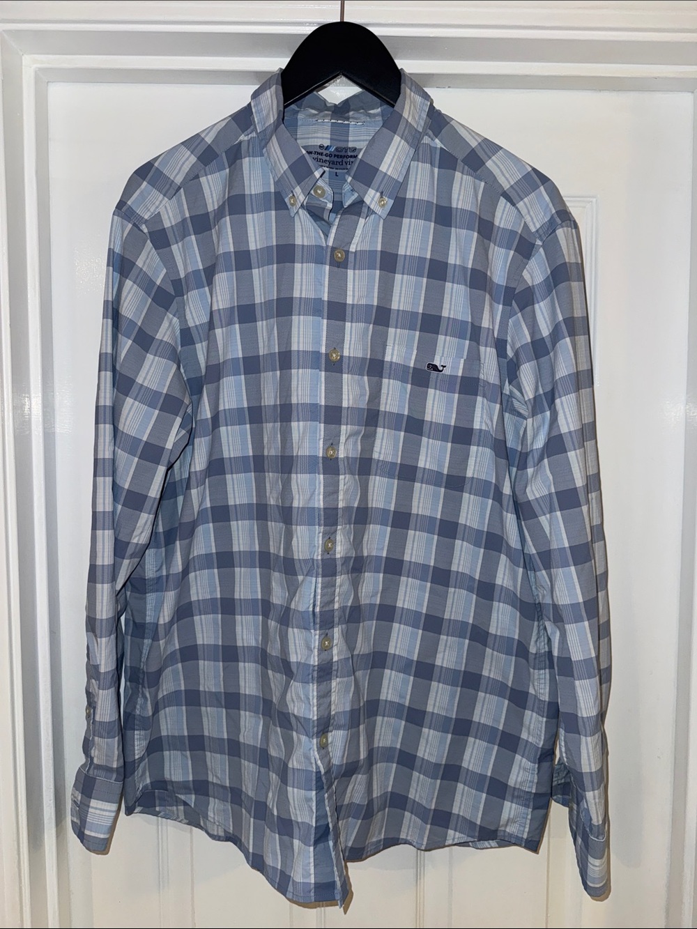 Vineyard Vines Blue and White Plaid On The Go Performance Shirt